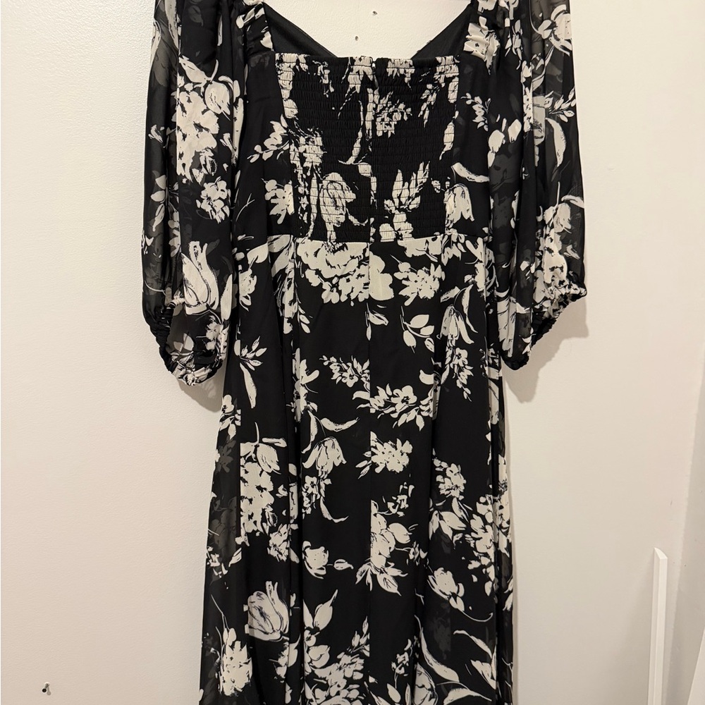 Rachel Zoe Black and Cream Floral Midi Dress